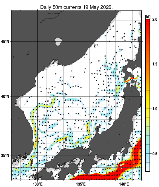 日本海の深さ50mの海流分布図（5月19日）
