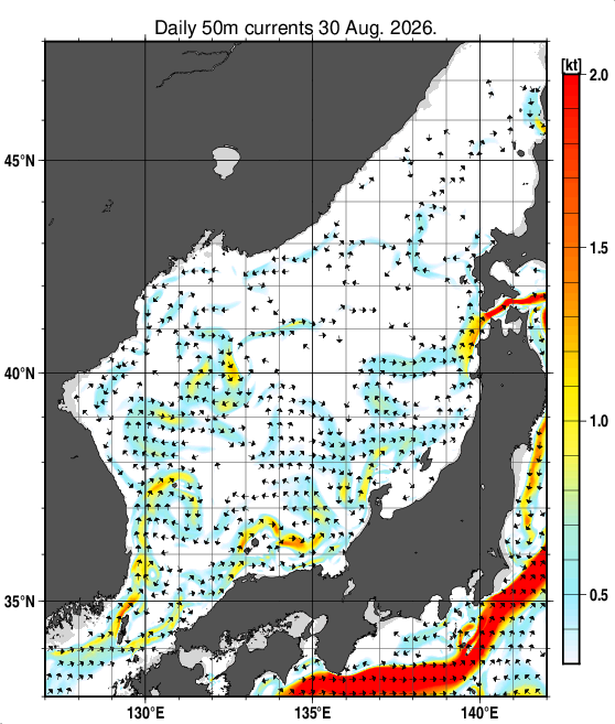 日本海の深さ50mの海流分布図（8月30日）