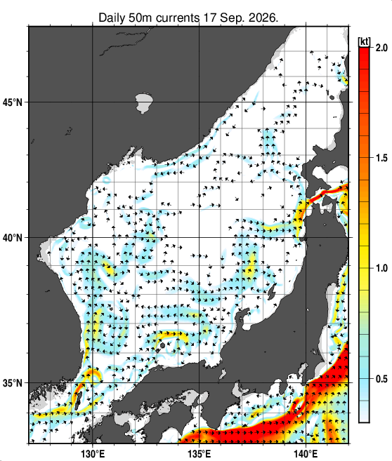 日本海の深さ50mの海流分布図（9月17日）