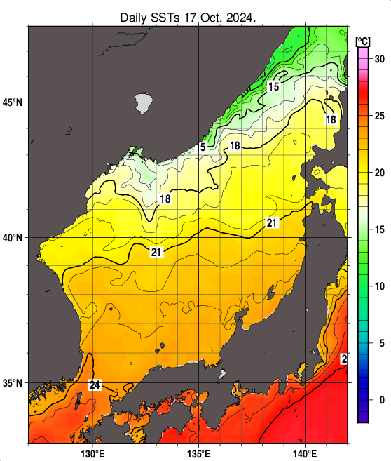 日本海の海面水温分布図（10月17日）