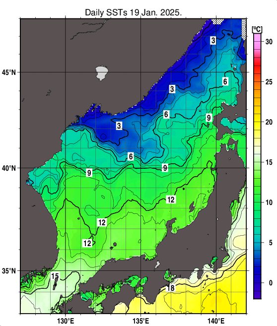 日本海の海面水温分布図（1月19日）