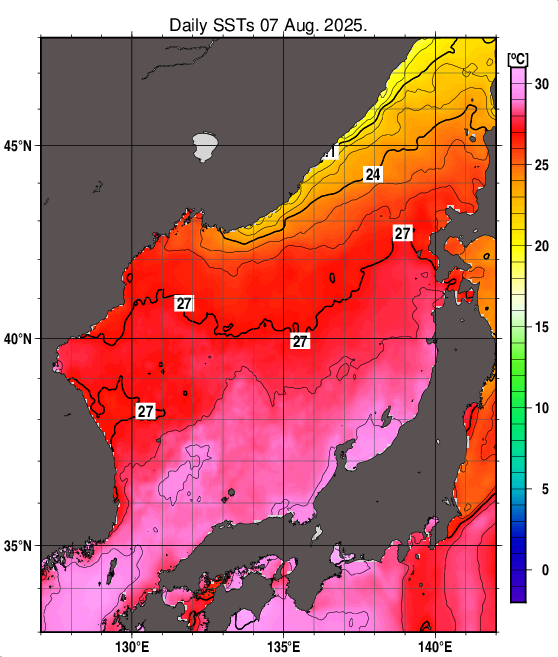 日本海の海面水温分布図（8月7日）