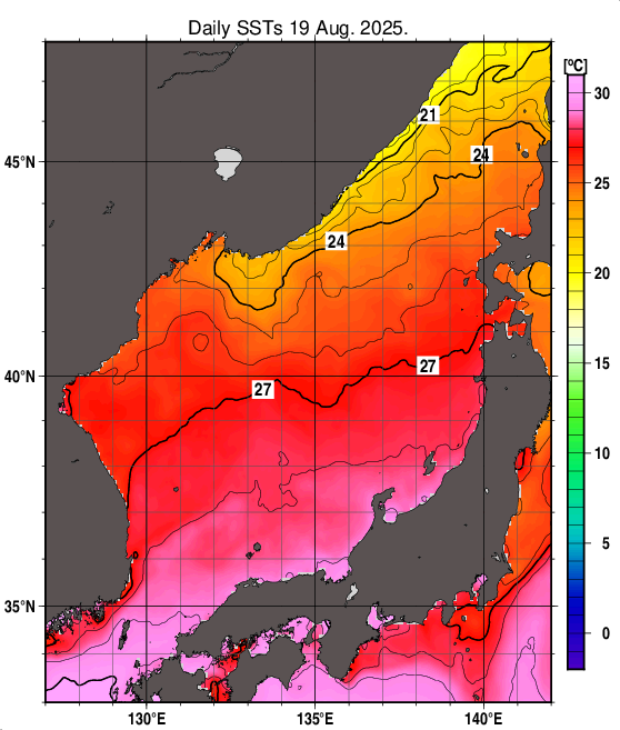 日本海の海面水温分布図（8月19日）