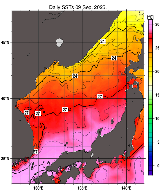 日本海の海面水温分布図（9月9日）