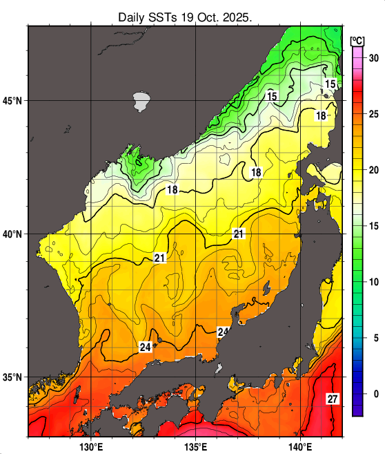 日本海の海面水温分布図(10月19日)