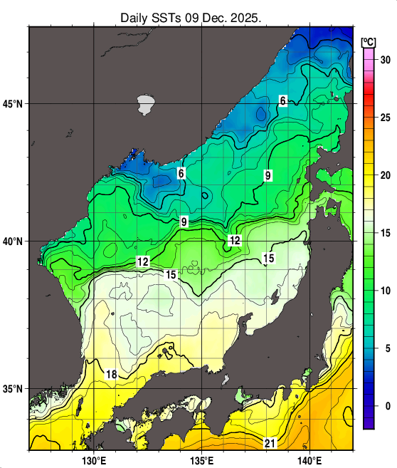 日本海の海面水温分布図（12月9日）