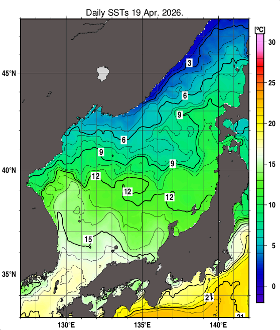 日本海の海面水温分布図（4月19日）