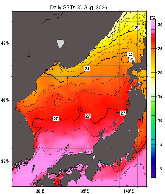 日本海の海面水温分布図（8月30日）