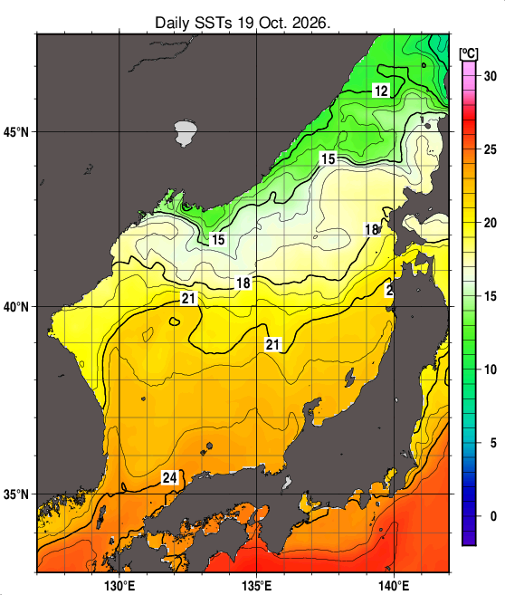 日本海の海面水温分布図（10月19日）