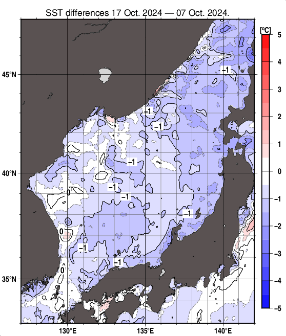 日本海の10日間の海面水温変化量分布図（10月17日）