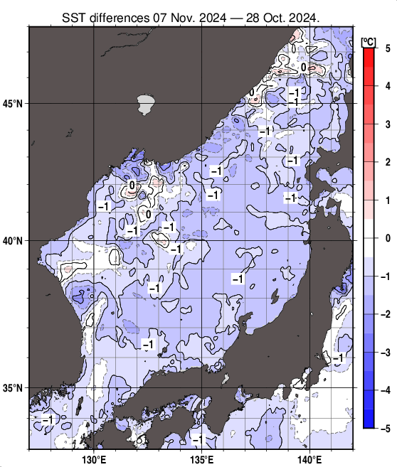 日本海の10日間の海面水温変化量分布図（11月7日）