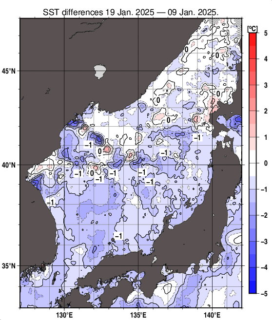 日本海の10日間の海面水温変化量分布図（1月19日）