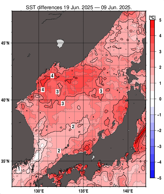 日本海の10日間の海面水温変化量分布図（6月19日）
