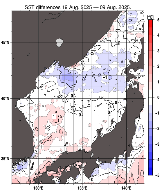 日本海の10日間の海面水温変化量分布図（8月19日）