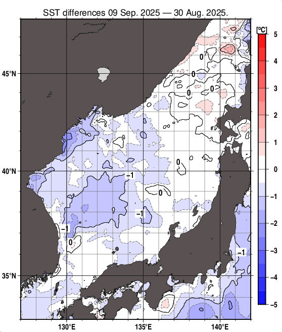 日本海の10日間の海面水温変化量分布図（9月9日）