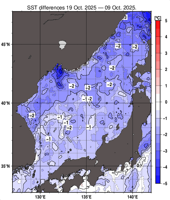 日本海の10日間の海面水温変化量分布図(10月19日)