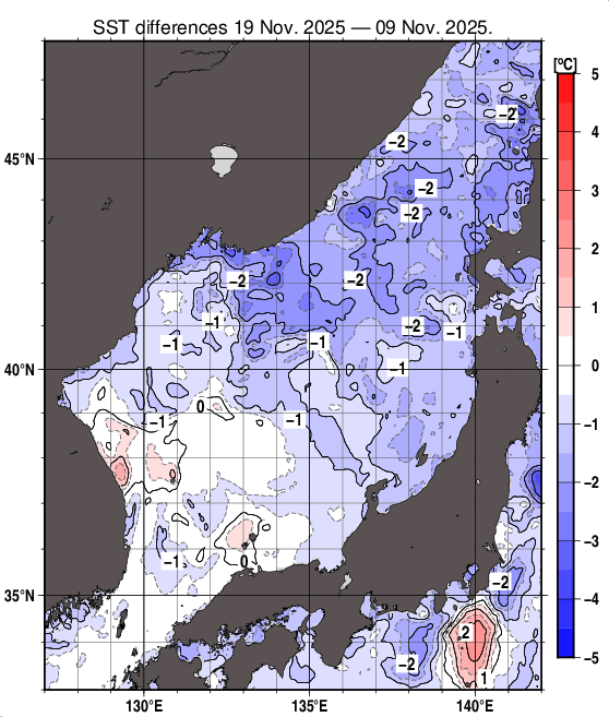 日本海の10日間の海面水温変化量分布図（11月19日）