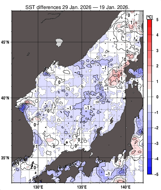 日本海の10日間の海面水温変化量分布図（1月29日）