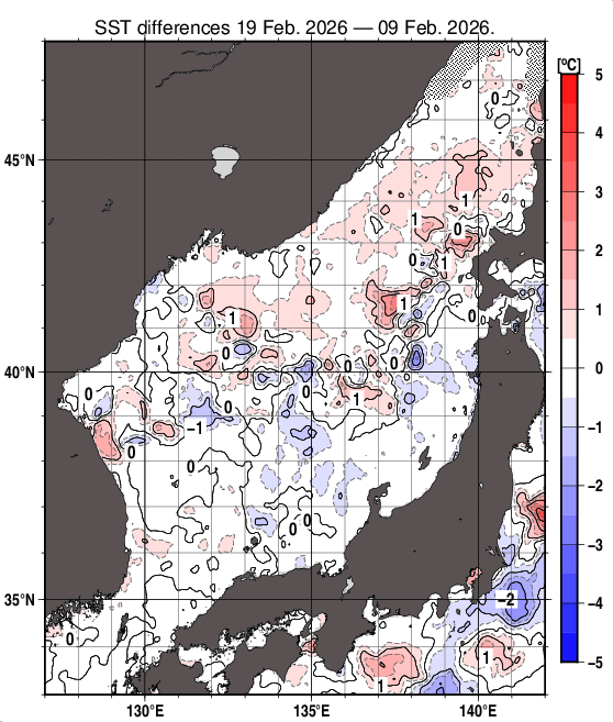 日本海の10日間の海面水温変化量分布図（2月19日）