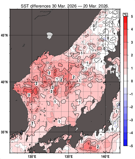 日本海の10日間の海面水温変化量分布図（3月30日）