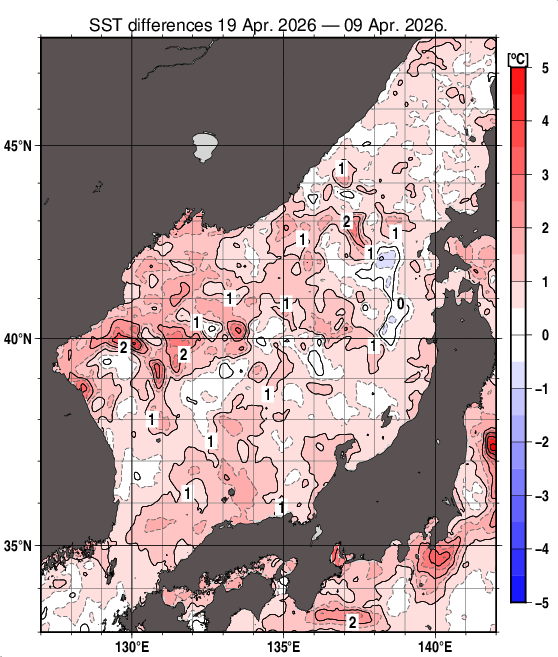 日本海の10日間の海面水温変化量分布図（4月19日）