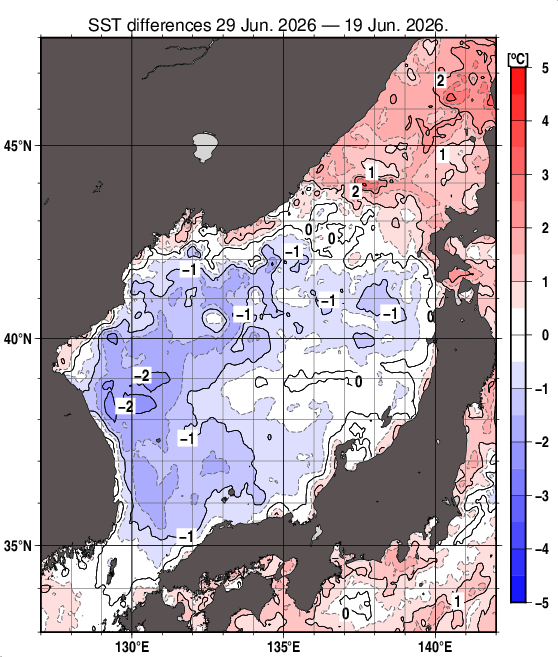 日本海の10日間の海面水温変化量分布図（6月29日）