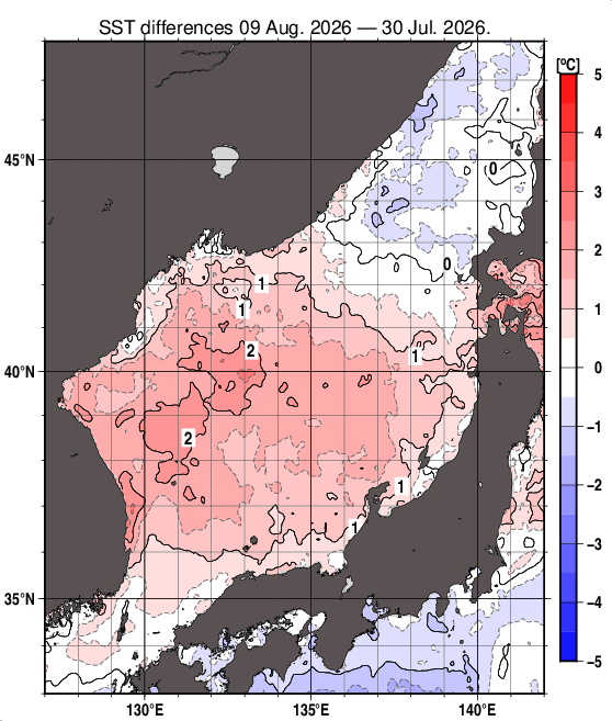 日本海の10日間の海面水温変化量分布図（8月9日）