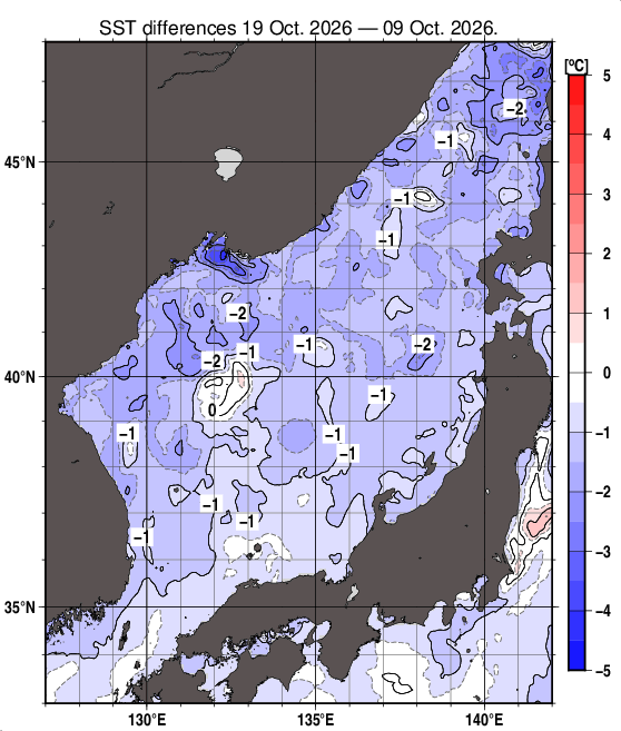 日本海の10日間の海面水温変化量分布図（10月19日）