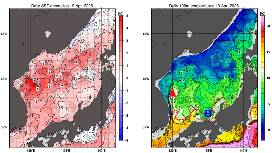 日本海の海面水温平年差分布図および深さ100mの水温分布図（4月19日）