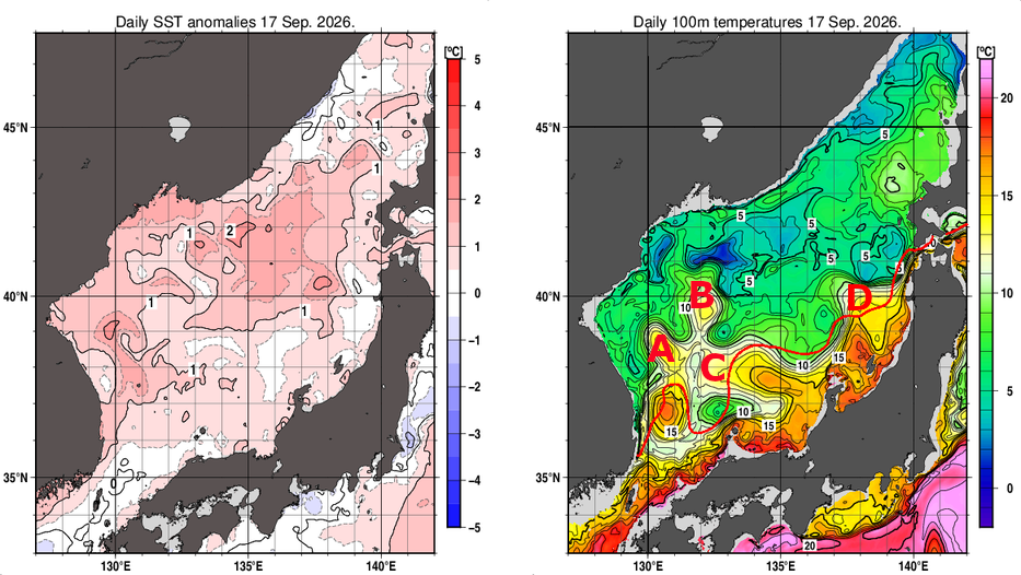 日本海の海面水温平年差分布図および深さ100mの水温分布図（9月17日）
