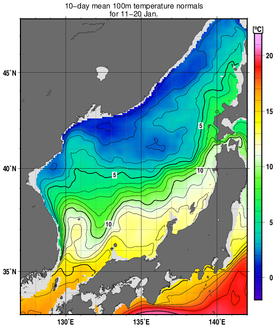 日本海の深さ100mの水温の旬別平年値(1993～2017年の25年間の平均)(1月中旬)