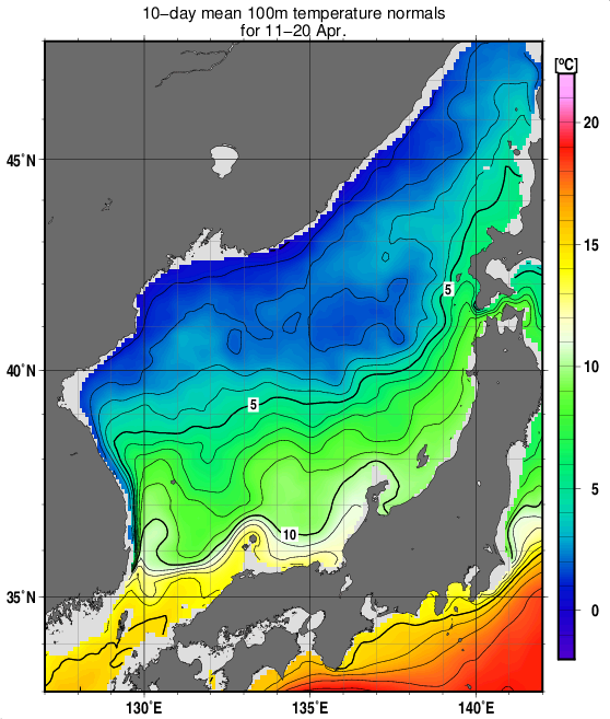 日本海の深さ100mの水温の旬別平年値(1993～2017年の25年間の平均)(4月中旬)
