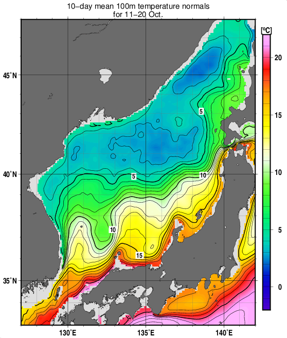 日本海の深さ100mの水温の旬別平年値(1993～2017年の25年間の平均)(10月中旬)