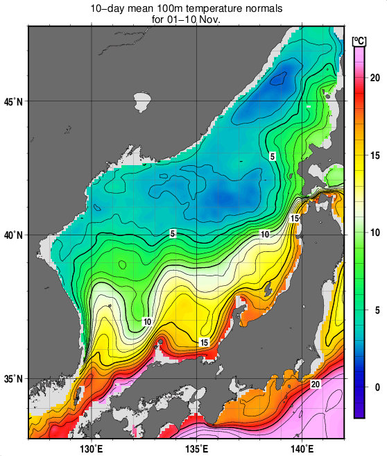 日本海の深さ100mの水温の旬別平年値(1993～2017年の25年間の平均)(11月上旬)