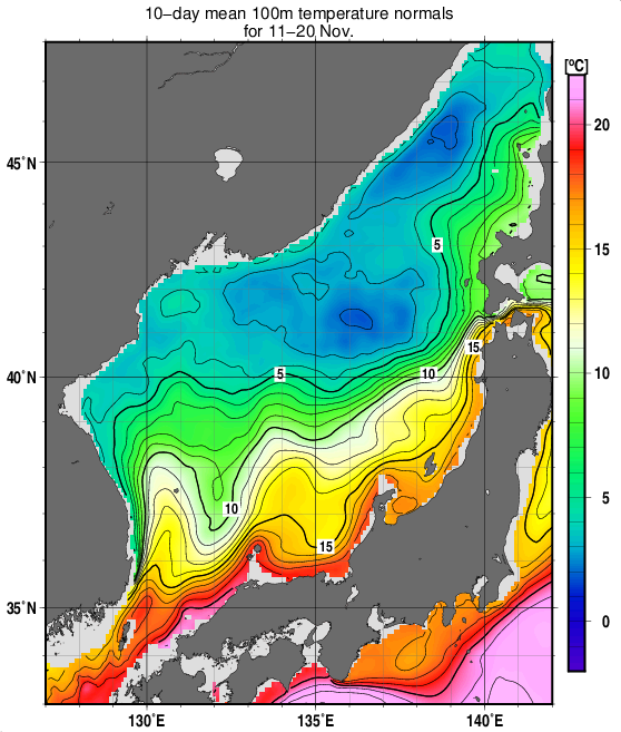 日本海の深さ100mの水温の旬別平年値(1993～2017年の25年間の平均)(11月中旬)