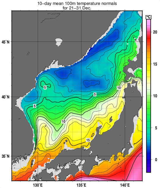日本海の深さ100mの水温の旬別平年値(1993～2017年の25年間の平均)(12月下旬)