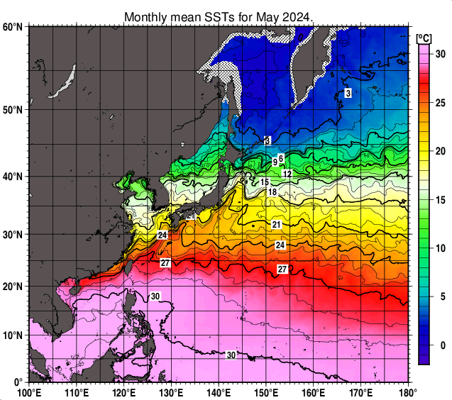 北西太平洋の月平均海面水温分布図（2024年5月）