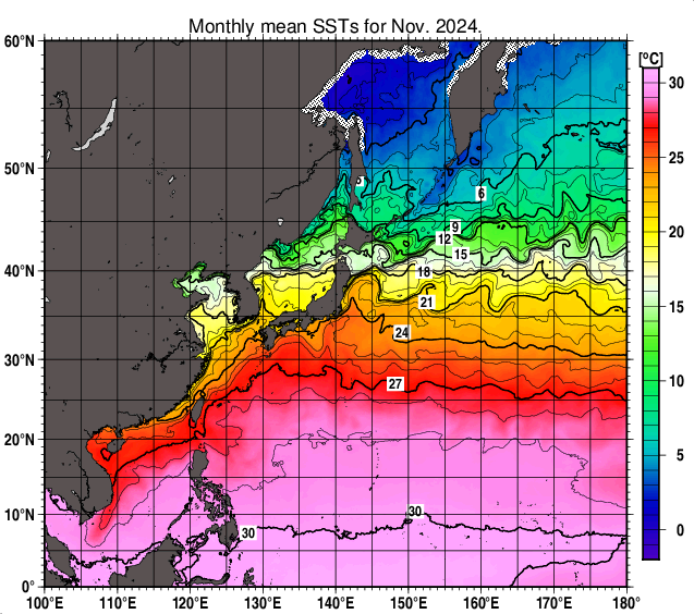 北西太平洋の月平均海面水温分布図（2024年11月）