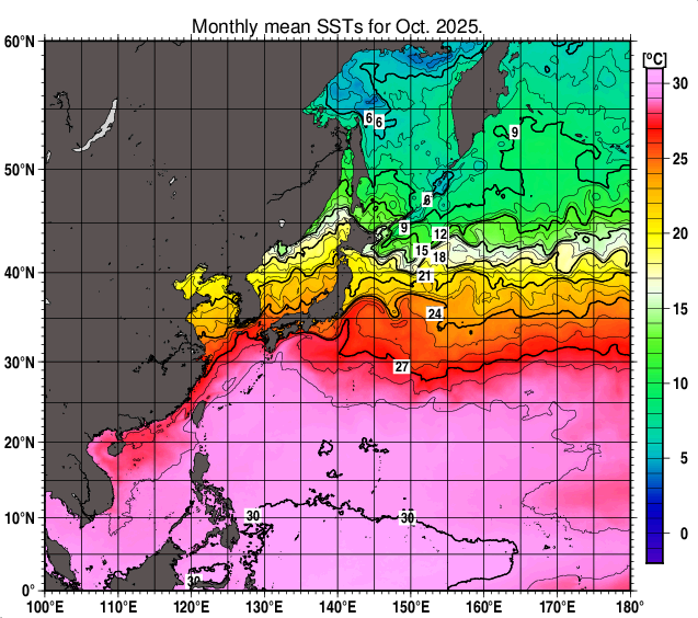 北西太平洋の月平均海面水温分布図（2025年10月）