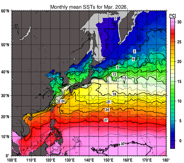 北西太平洋の月平均海面水温分布図（2026年3月）