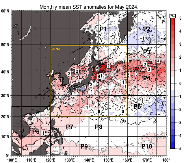 北西太平洋の月平均海面水温平年差分布図（2024年5月）
