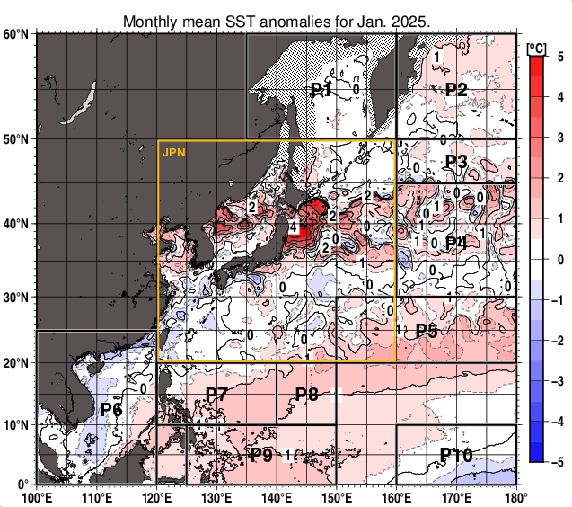 北西太平洋の月平均海面水温平年差分布図（2025年1月）