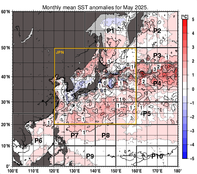 北西太平洋の月平均海面水温平年差分布図（2025年5月）