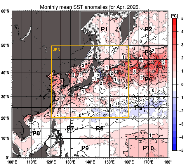 北西太平洋の月平均海面水温平年差分布図（2026年4月）