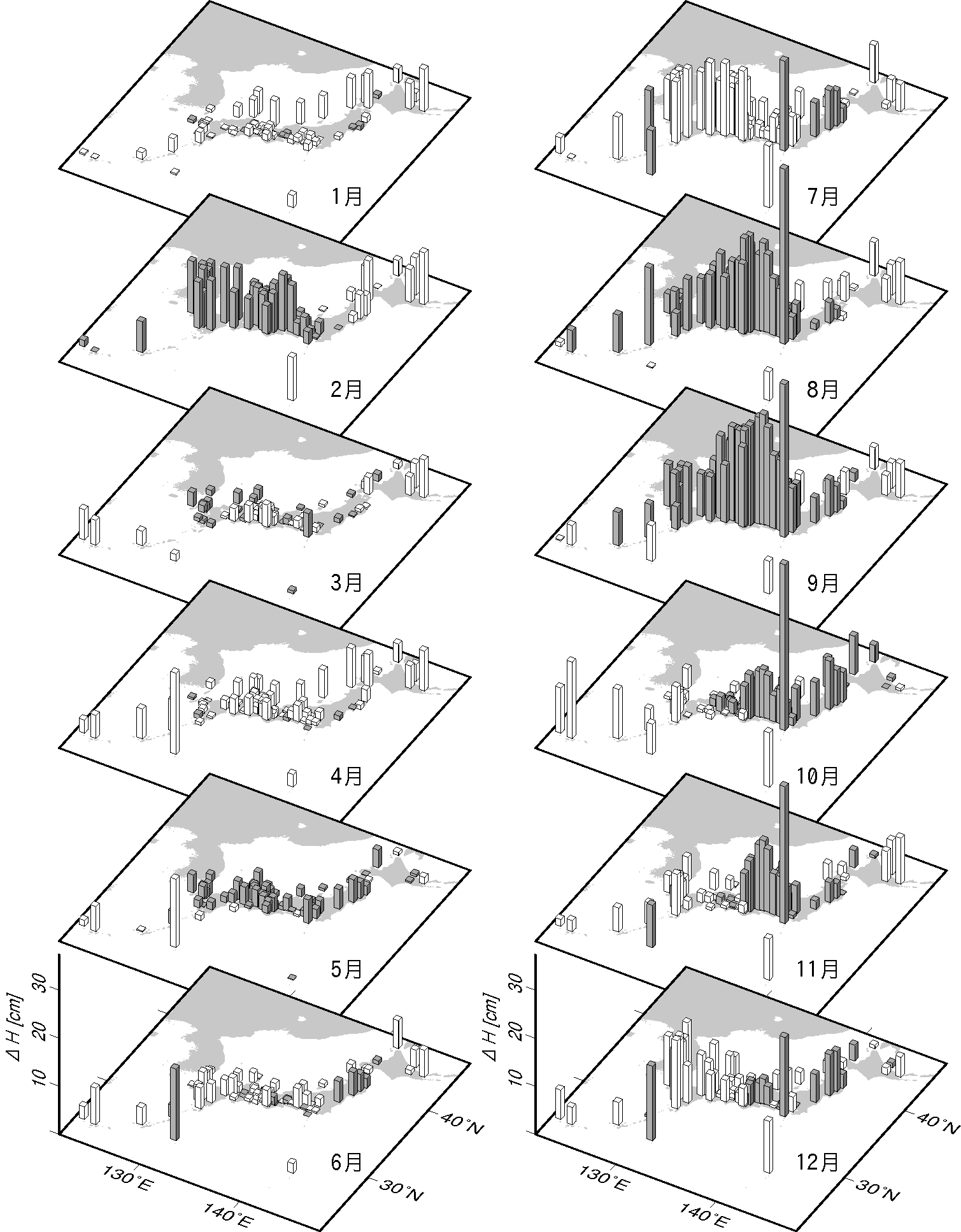 月平均潮位偏差分布白黒図