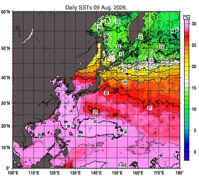 北西太平洋の海面水温分布図（8月9日）