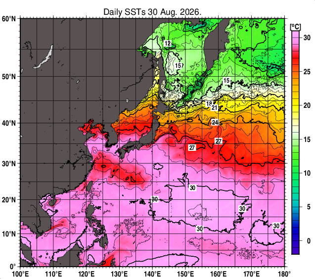 北西太平洋の海面水温分布図（8月30日）