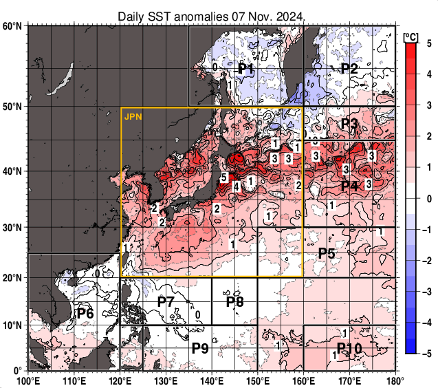 北西太平洋の海面水温平年差分布図（11月7日）