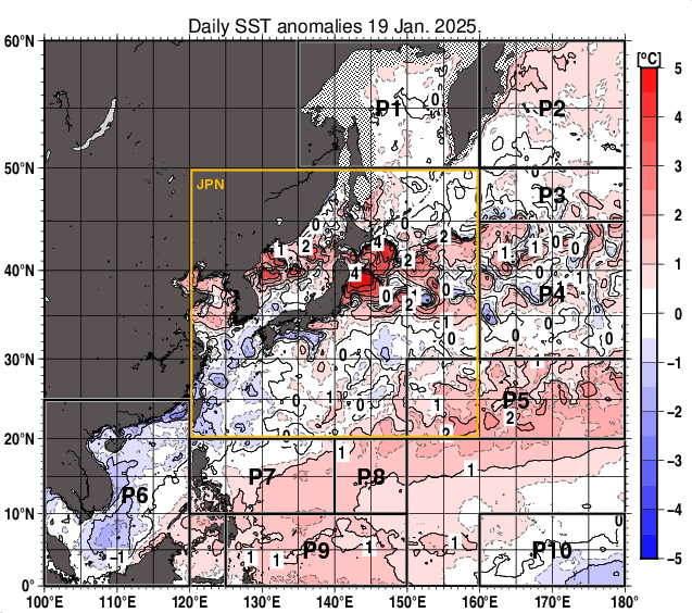 北西太平洋の海面水温平年差分布図（1月19日）
