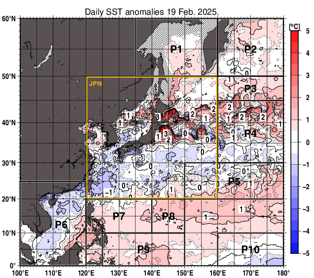 北西太平洋の海面水温平年差分布図（2月19日）